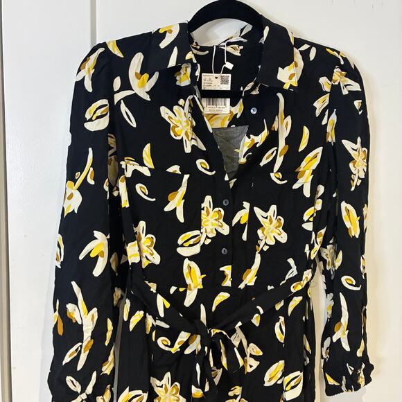 NWT Mango Black Floral Belted Shirt Midi Dress Small - Picture 5 of 14